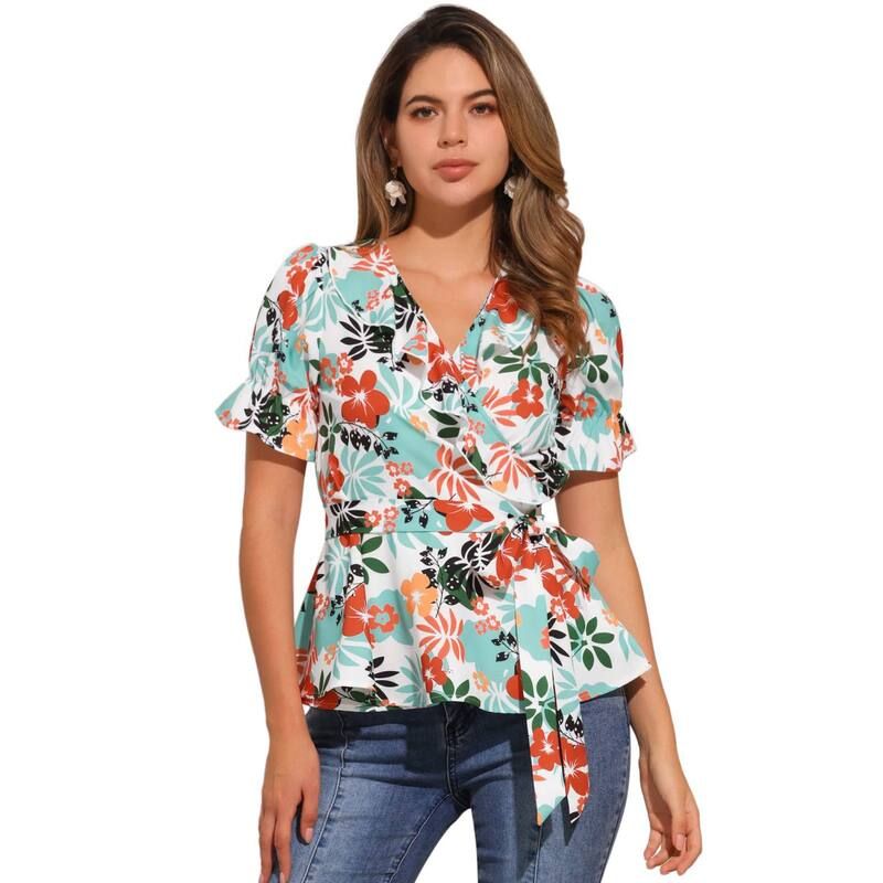 アレグラ ケー レディース トップス シャツ Vネック フラワー柄 フリル ブラウス フラワー ALLEGRA K Womens Wrapeplum Top Blouse Summer Floral