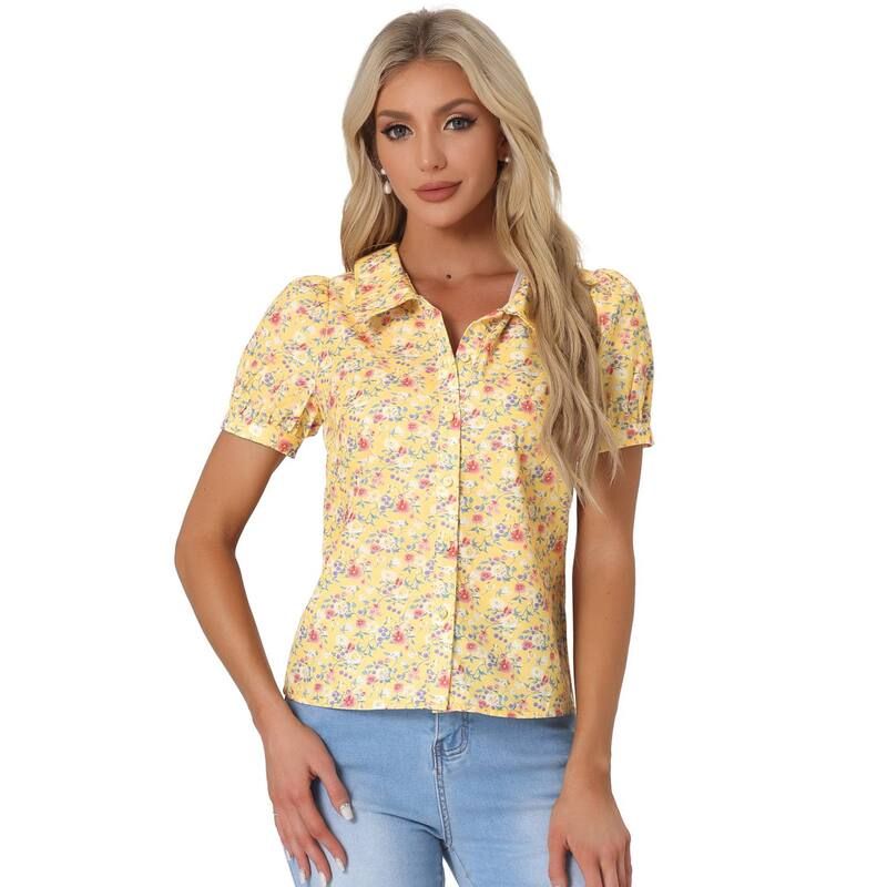 アレグラ ケー レディース トップス シャツ ボタンダウン フラワー柄 ダウン ブラウス フラワー ALLEGRA K Womenshort Sleeves Turndown Collar Butto