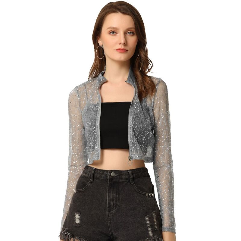 アレグラ ケー レディース アウター ジャケット・ブルゾン セミシアー クロップド ALLEGRA K Womens Dotstand Collar Semi Sheer Cropped Jacket