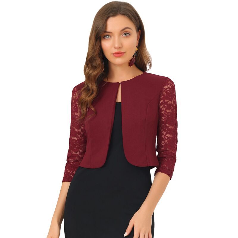 アレグラ ケー レディース アウター ニット・セーター カーディガン レース ALLEGRA K Womens Leisure Lace 34 Sleeve Crop Shrug Cardigan B