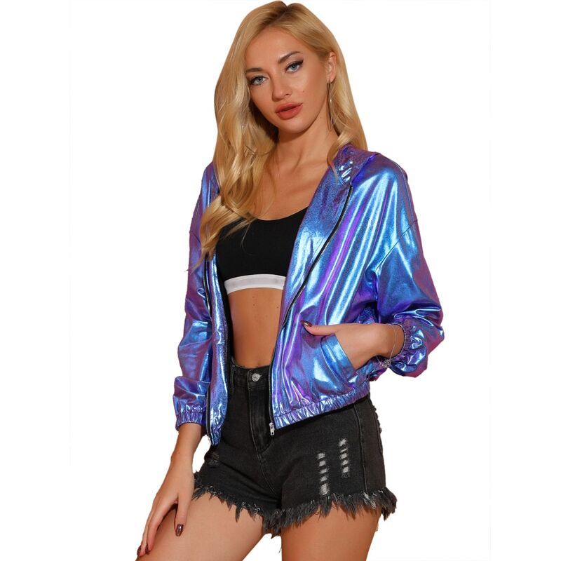 アレグラ ケー レディース アウター ジャケット・ブルゾン トール ALLEGRA K Womenshiny Long Sleeve Zipper Hooded Metallic Jacket Blu