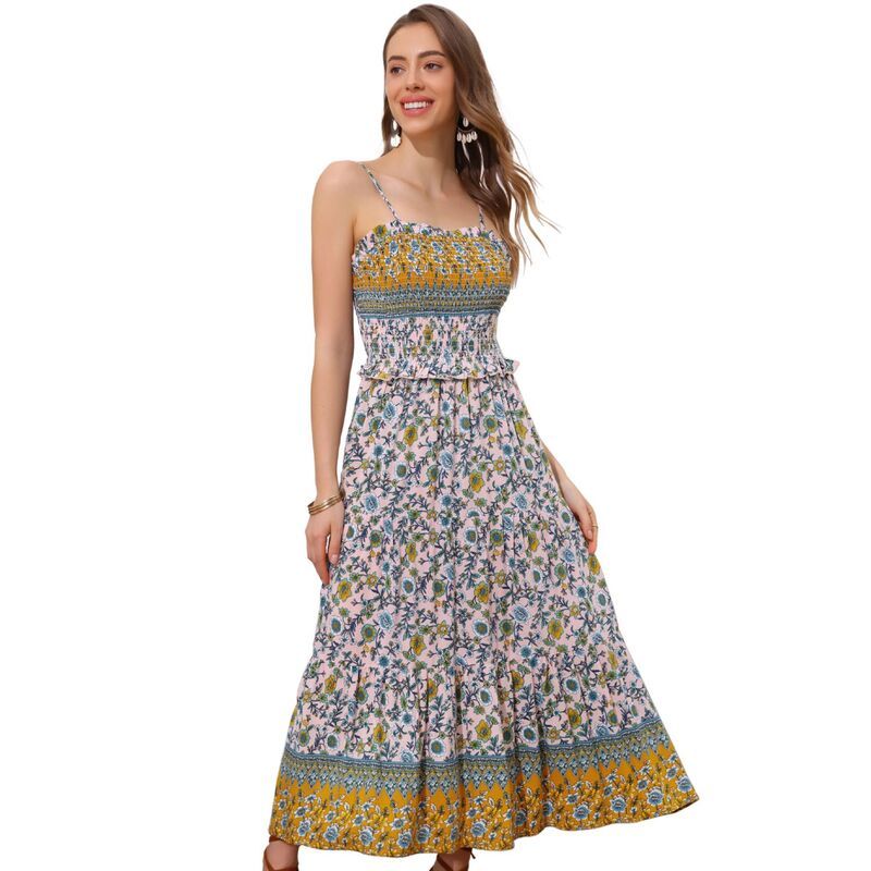 アレグラ ケー レディース トップス ワンピース A ライン フラワー柄 シャーリング マキシ フラワー ALLEGRA K Boho Floral Dresses For Women Summer