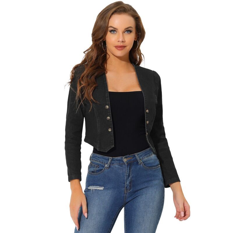 アレグラ ケー レディース アウター ジャケット・ブルゾン デニム ALLEGRA K Denim Jacket for Womens Collarless Open Front Casual Cro