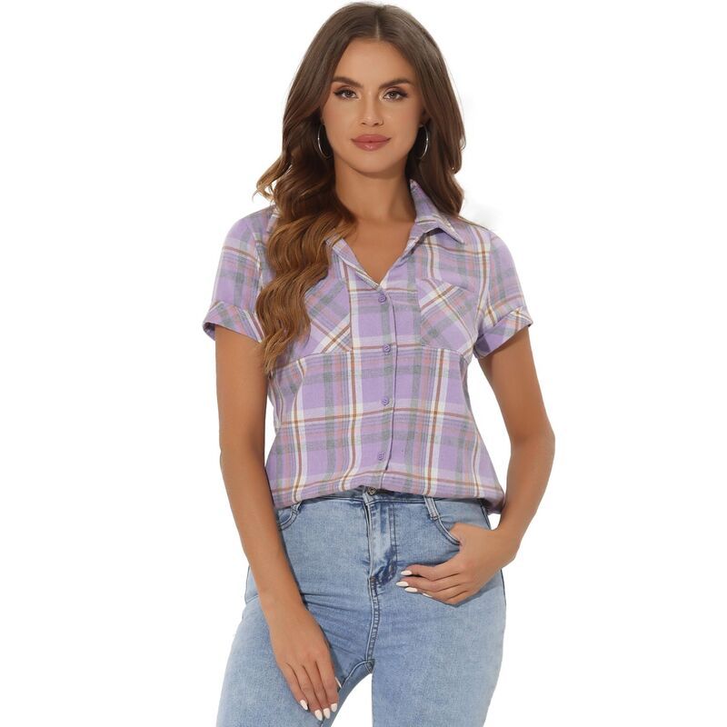アレグラ ケー レディース トップス シャツ ALLEGRA K Womens Boyfriend Button Front Short Sleeves Plaid Shirt Pastel Purp