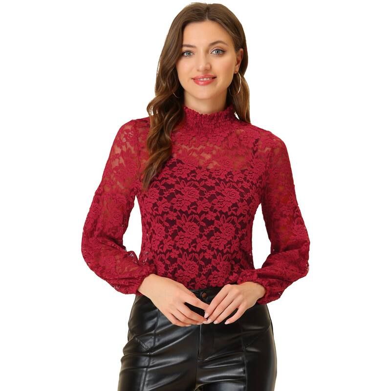 アレグラ ケー レディース トップス シャツ タートルネック フラワー柄 シアー ブラウス レース フラワー ALLEGRA K Womens Floralace Top Turtleneck Lon