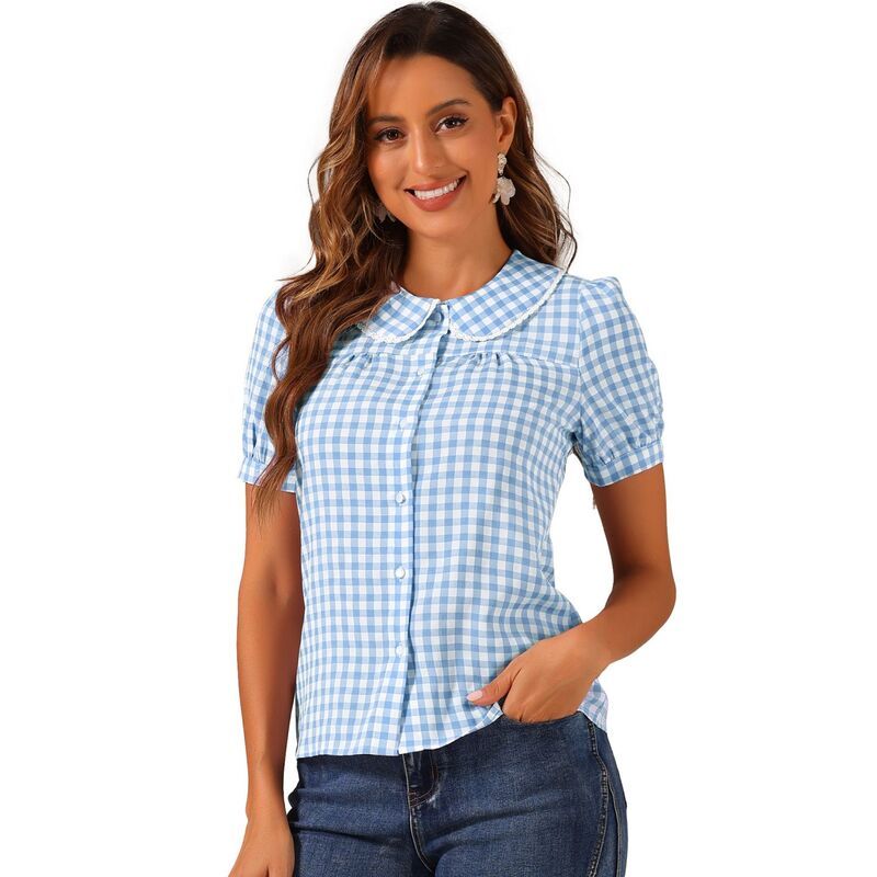 アレグラ ケー レディース トップス シャツ コントラスト ブラウス ALLEGRA K Womens Contrast Peter Pan Collar Blouse Short Sleeve Pl
