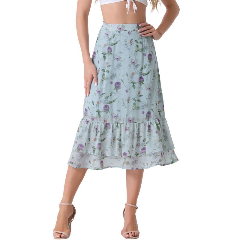 アレグラ ケー レディース ボトムスカート フリル裾 フラワー柄 プリント フリル ミディ フラワー ALLEGRA K Womens Floral Print Elastic Waist Ruffl