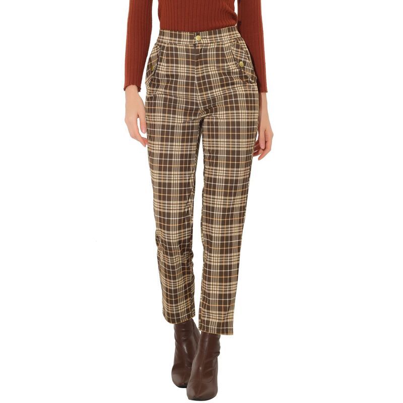 アレグラ ケー レディース ボトムス カジュアルパンツ ハイウエスト ALLEGRA K Womens Tartan Plaid Pants Elastic High Waistraight Long