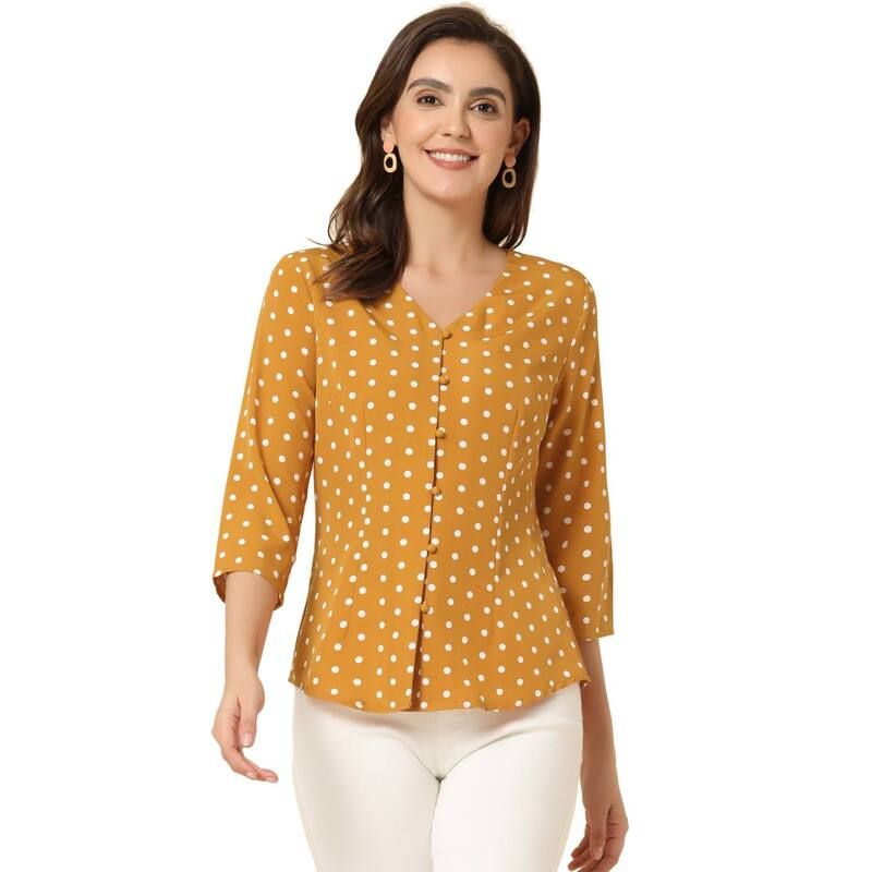 アレグラ ケー レディース トップス シャツ ドット ブラウス ALLEGRA K Womens Polka Dots 34 Sleeve Casual Button Front Blouse Top