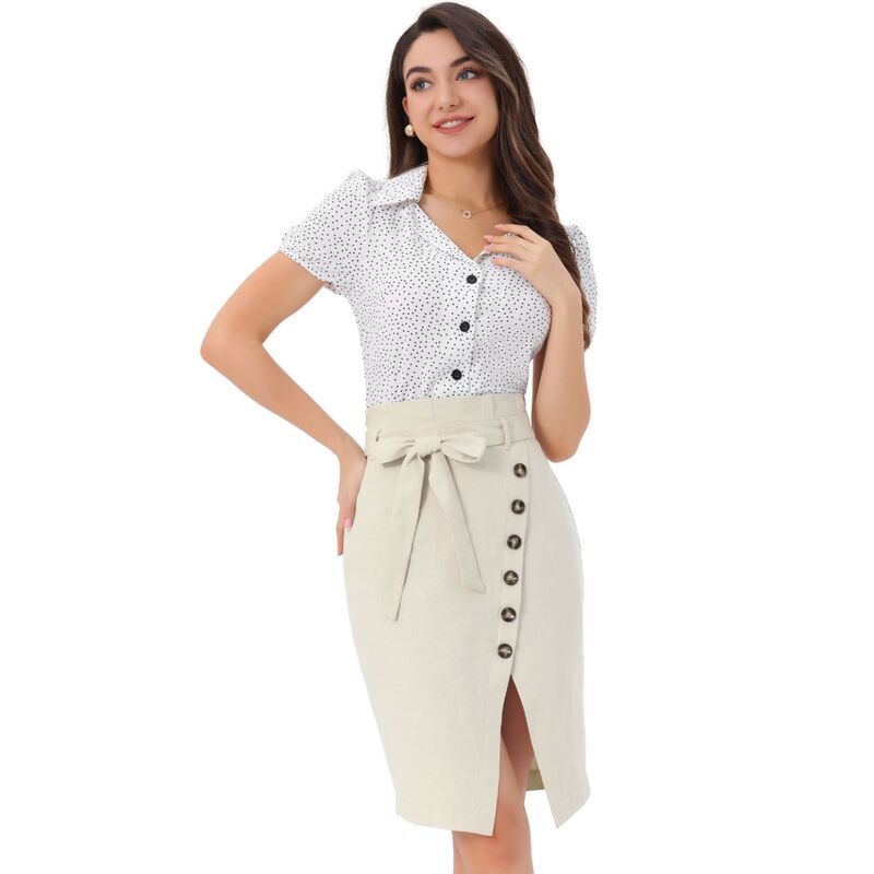 アレグラ ケー レディース ボトムスカート ALLEGRA K Womens Button Decor Split Belted Tie Waist Pencil Skirt Beige ベージュ