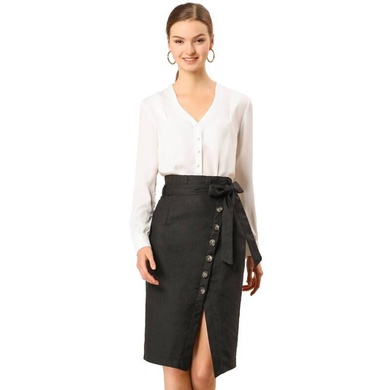 アレグラ ケー レディース ボトムスカート ALLEGRA K Womens Button Decor Split Belted Tie Waist Pencil Skirt Black ブラック