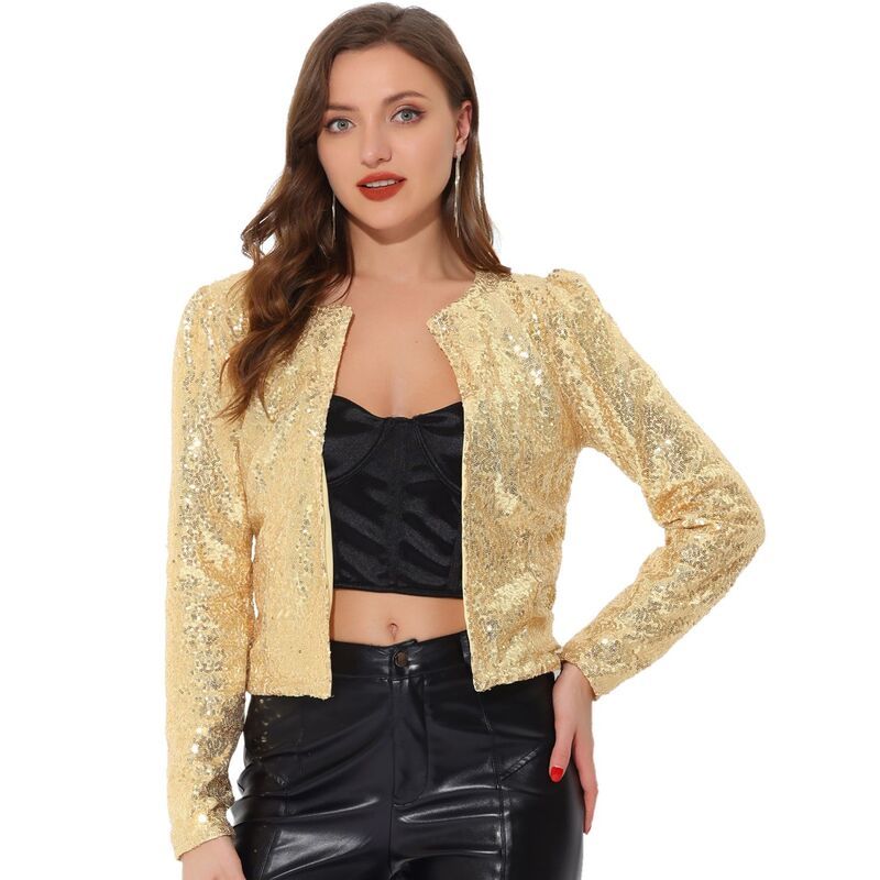 アレグラ ケー レディース アウター ジャケット・ブルゾン スパンコール ブレザー ALLEGRA K Womens Cropen Front Blazer Puffy Long Sleeve Spa