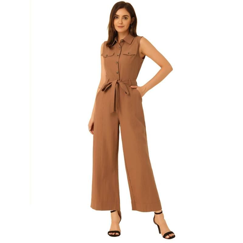 アレグラ ケー レディース トップス ワンピース ノースリーブ アンクル ジャンプスーツ ALLEGRA K Womens Ankle Tie Waist Workwear Button Front