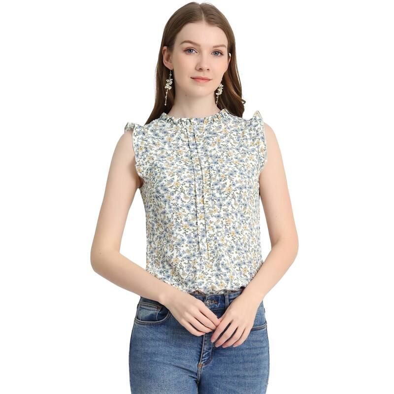 アレグラ ケー レディース トップス シャツ クルーネック プリーツ フリル ノースリーブラウス ALLEGRA K Womens Ruffled Crew Neck Sleeveless Pleat