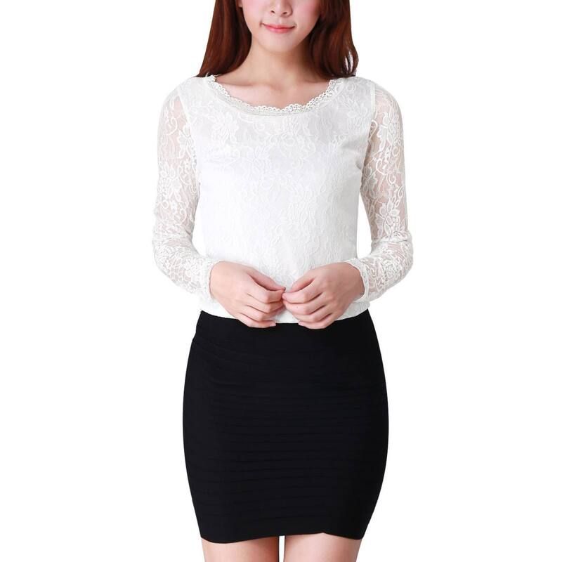アレグラ ケー レディース トップス シャツ シアー ブラウス レース ALLEGRA K Womens Round Neck Long Sleevesheer Flower Embroidery L