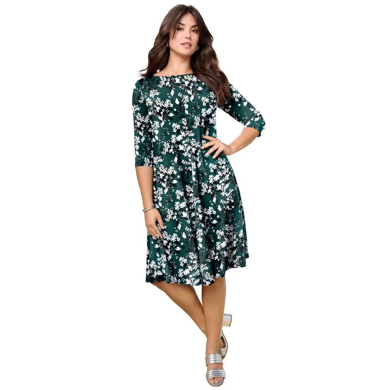 ロアマンズ レディース トップス ワンピース プラスサイズ Roamans Womens Plusize 34 Sleeve Boatneck Swing Dress Emerald Black Ga