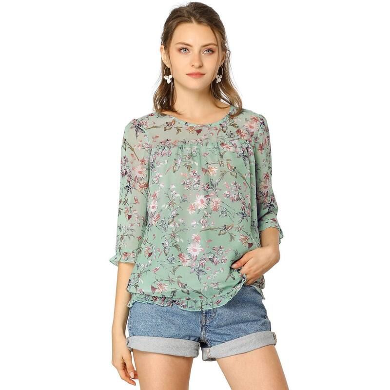 アレグラ ケー レディース トップス シャツ シフォン フラワー柄 プリント フリル ブラウス フラワー ALLEGRA K Womens Casual Ruffle 34 Sleeve Floral