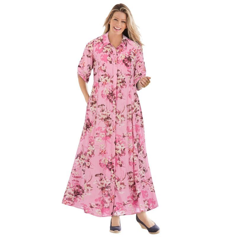 ウーマン ウィズイン レディース トップス ワンピース プラスサイズ シャツ Woman Within Plusize RollTab Sleeve Crinkle Shirtdress Delica