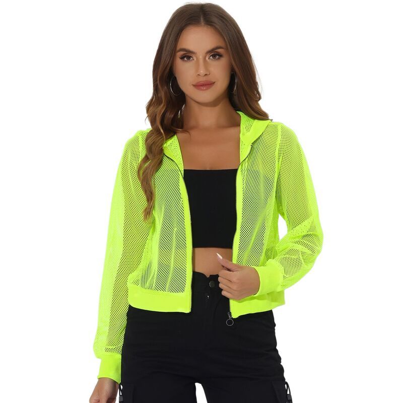 アレグラ ケー レディース アウター ジャケット・ブルゾン メッシュ パーカー ALLEGRA K Hoodie Mesh Bomber Jacket Neon Yellow イエロー