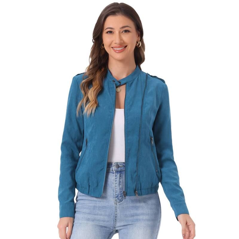 アレグラ ケー レディース アウター ジャケット・ブルゾン ALLEGRA K Womens Lightweight Stand Collar Zip up Biker Moto Jacket Pea