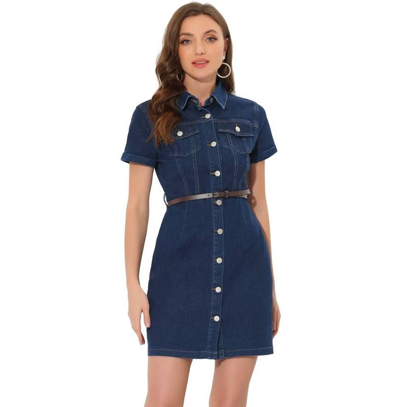 アレグラ ケー レディース トップス ワンピース シャツ デニム ALLEGRA K Womens Denim Shirt Dress Collar Short Sleeve Belted Butto