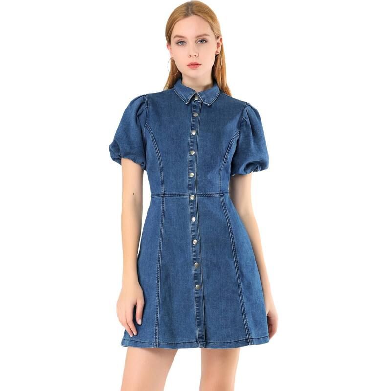 アレグラ ケー レディース トップス ワンピース シャツ デニム ALLEGRA K Womens Denim Dresshort Sleeve Button Shirt Dresses Dark B