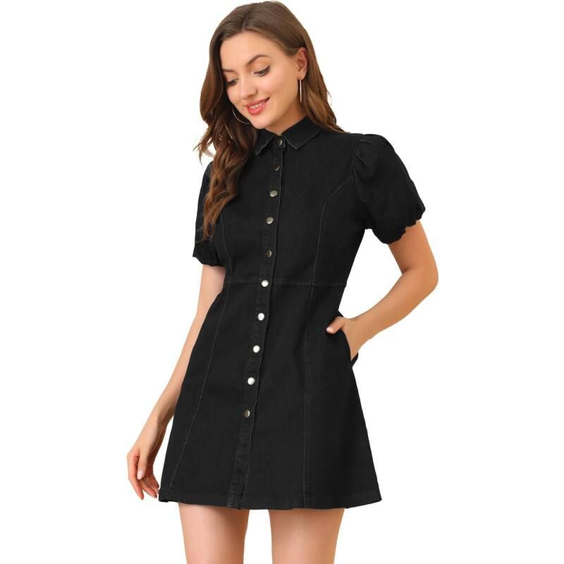 アレグラ ケー レディース トップス ワンピース シャツ デニム ALLEGRA K Womens Denim Dresshort Sleeve Button Shirt Dresses Black