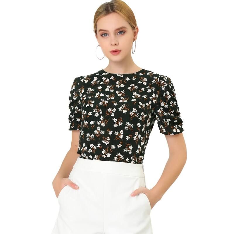 アレグラ ケー レディース トップス シャツ クルーネック フラワー柄 ブラウス フラワー ALLEGRA K Womens Floral Crew Neck Casual Shirred Short