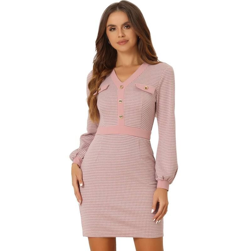 アレグラ ケー レディース トップス ワンピース Vネック ALLEGRA K Houndstooth Dress For Womens V Neck Long Sleeves Elegant She