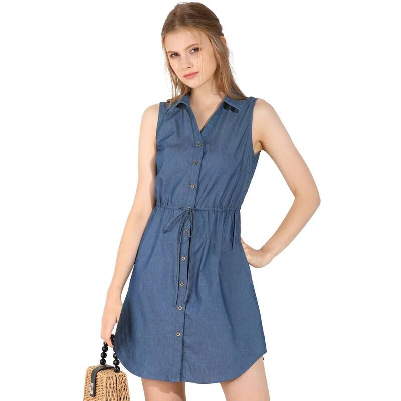 アレグラ ケー レディース トップス ワンピース ボタンダウン シャツ ノースリーブ ダウン デニム ALLEGRA K Womensleeveless Collar Button Down Tie