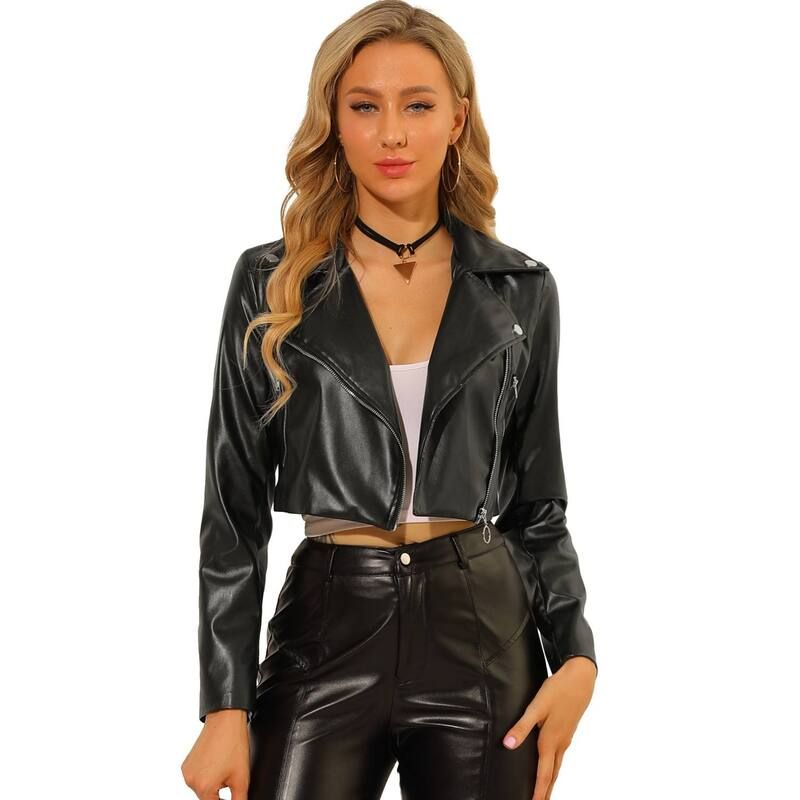 アレグラ ケー レディース アウター ジャケット・ブルゾン クロップド レザー フェイクレザー ALLEGRA K Womens Faux Leather Pu Long Sleeve Zipper