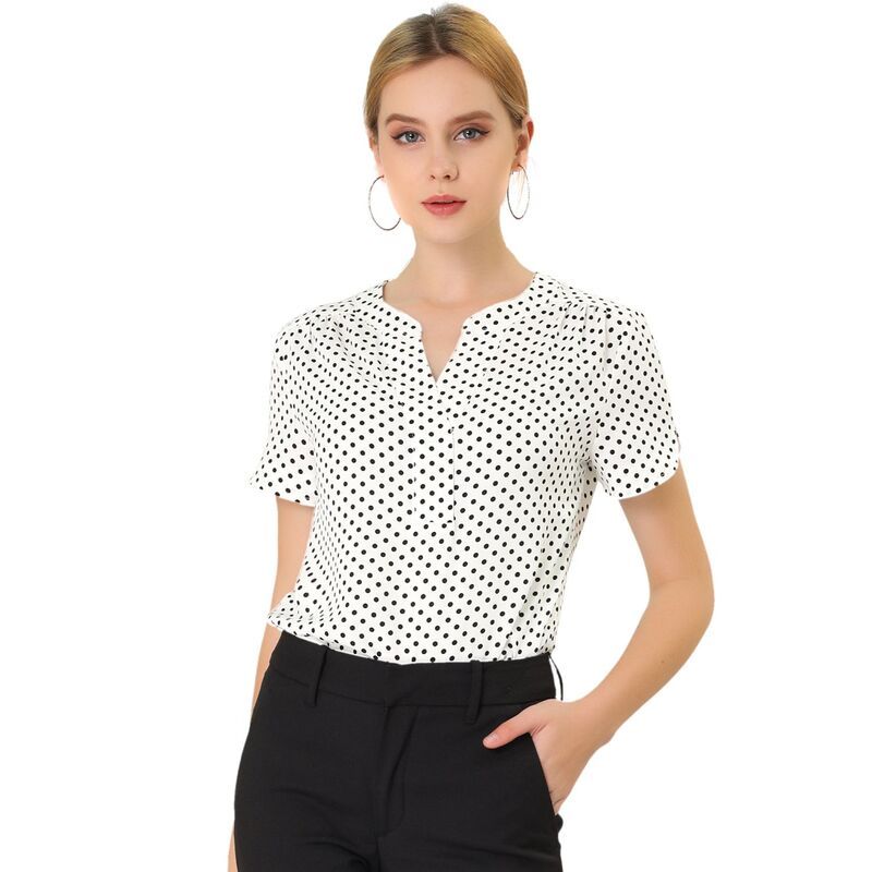 アレグラ ケー レディース トップス シャツ Vネック プリント ブラウス ALLEGRA K Womens Dots Printed V Neck Short Sleeve Work Office