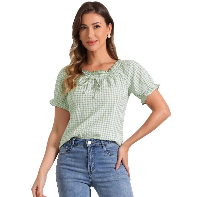 アレグラ ケー レディース トップス Tシャツ ギンガムチェック フリル ブラウス ギンガム ALLEGRA K Gingham Plaid Blouse for Womans Peasant Rou