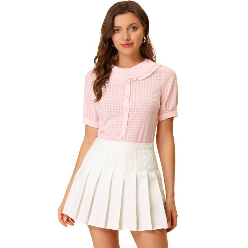 アレグラ ケー レディース トップス シャツ ギンガムチェック コントラスト ブラウス ギンガム ALLEGRA K Womens Peter Pan Collar Contrast Color Tr