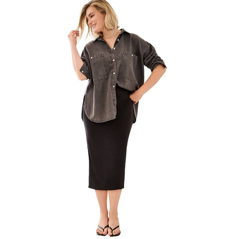 Ellos レディース トップス シャツ プラスサイズ デニム ellos Plusize Oversized ButtonFront Denim Shirt Dark Grey Wash グレー