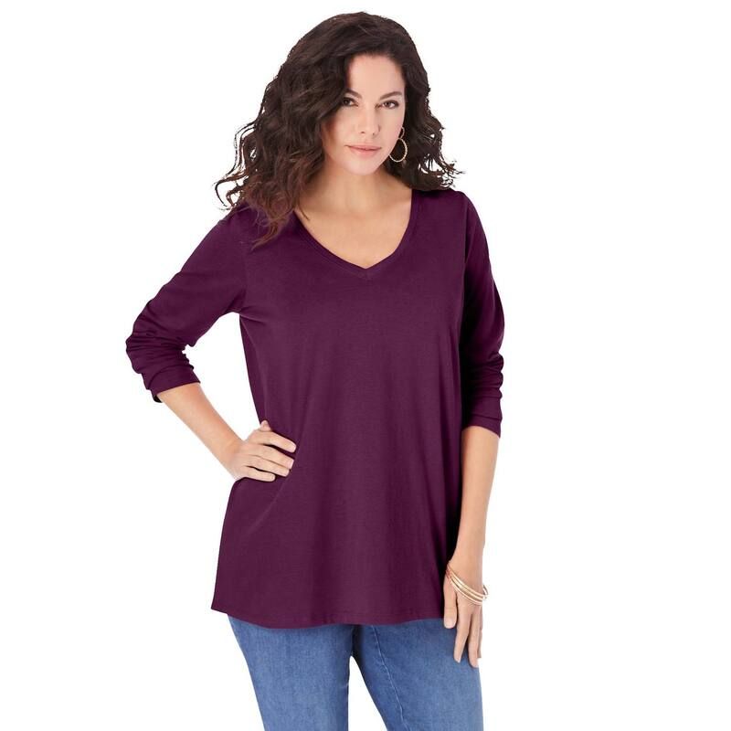 ロアマンズ レディース トップス Tシャツ Vネック プラスサイズ Roamans Womens Plusize Ultimate Long Sleeve V Neck Tee Dark Berry