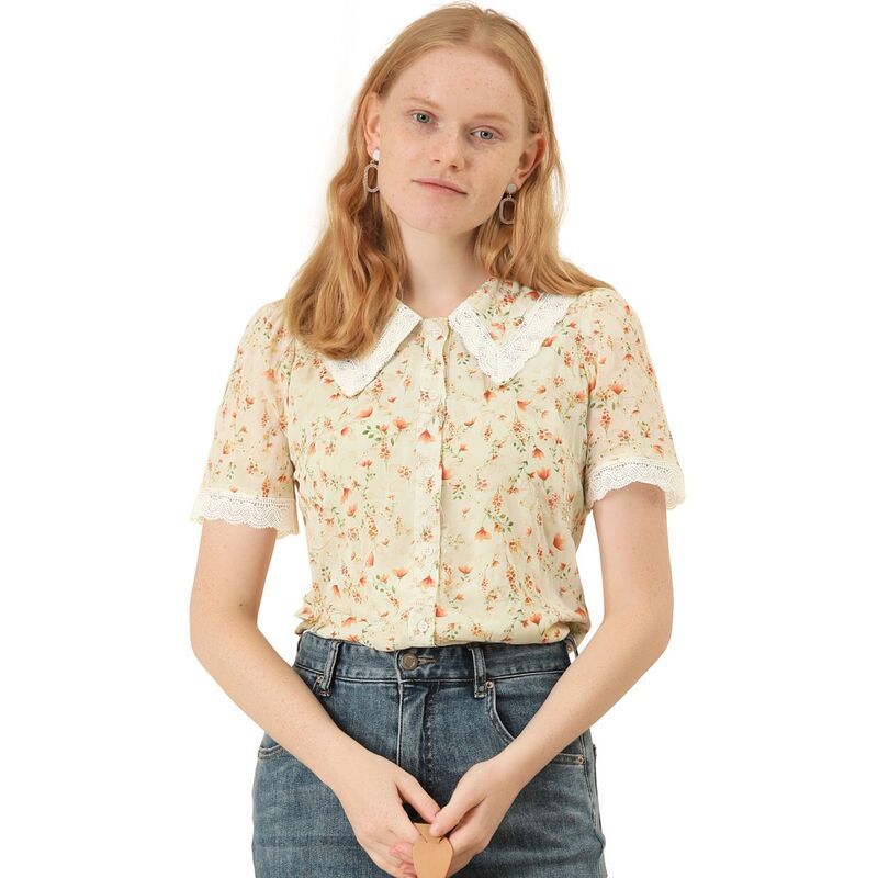アレグラ ケー レディース トップス シャツ ヴィンテージ フラワー柄 刺繍 ブラウス レース フラワー ALLEGRA K Womens Peter Pan Collar Shirt Lacembr