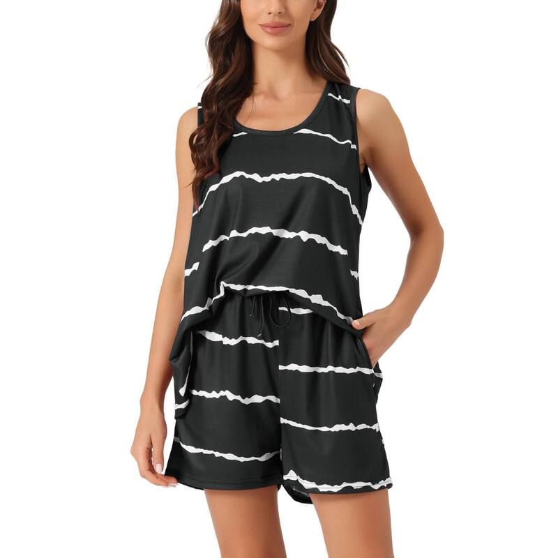 cheibear レディース アンダーウェア ナイトウェア シャツ ショートパンツ ノースリーブ cheibear Womenstriped Round Neck Sleevelesshirt Sho