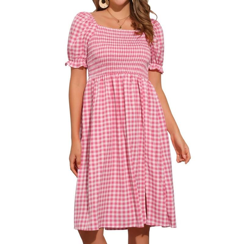 アレグラ ケー レディース トップス ワンピース ギンガムチェック シャーリング ギンガム ALLEGRA K Smockedress for Womens Gingham Square Neck S
