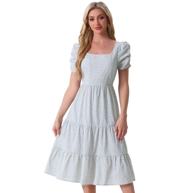 アレグラ ケー レディース トップス ワンピース ティアード フラワー柄 フリル フラワー ALLEGRA K Womens Floral Square Neck Puffy Short Sleeve