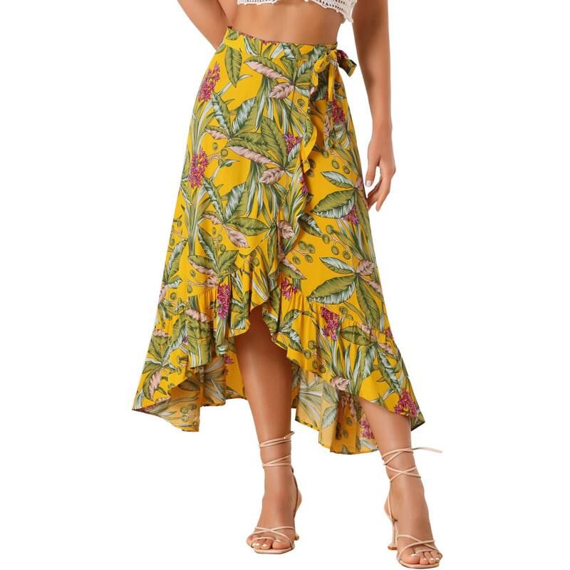 アレグラ ケー レディース ボトムスカート フラワー柄 プリント フリル ミディ フラワー ALLEGRA K Womens Floral Print Ruffle Self Tie Knot Spl