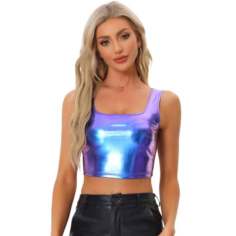 アレグラ ケー レディース トップス Tシャツ トール ノースリーブ ALLEGRA K Womens U Neck Sleeveless Party Clubwear Shiny Metallicr