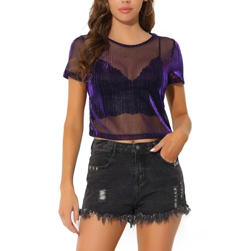 アレグラ ケー レディース トップス シャツ メッシュ ALLEGRA K Womens Mesh Crop Short Sleeve See Through Shirts Purple パープル