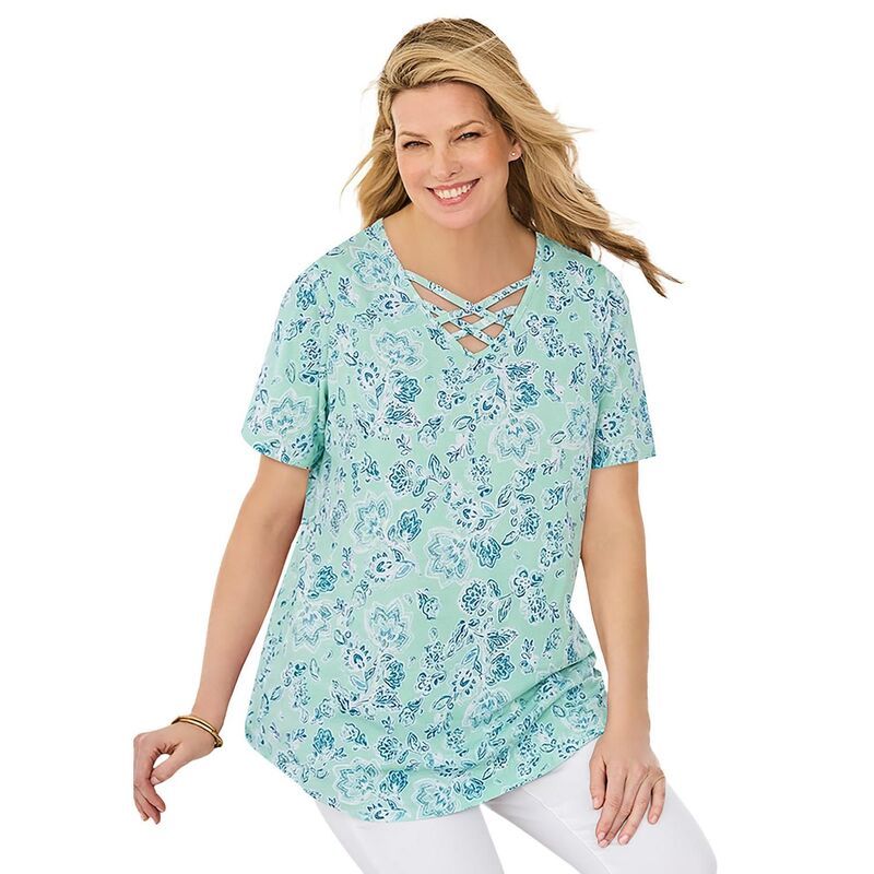 ウーマン ウィズイン レディース トップス Tシャツ プラスサイズ Woman Within Plusize Criss Cross Tee Pale Seafoam Paisley