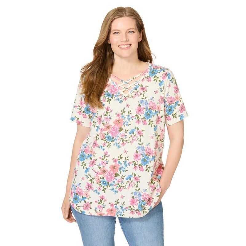 ウーマン ウィズイン レディース トップス Tシャツ プラスサイズ Woman Within Plusize Criss Cross Tee Ivory Garden アイボリー