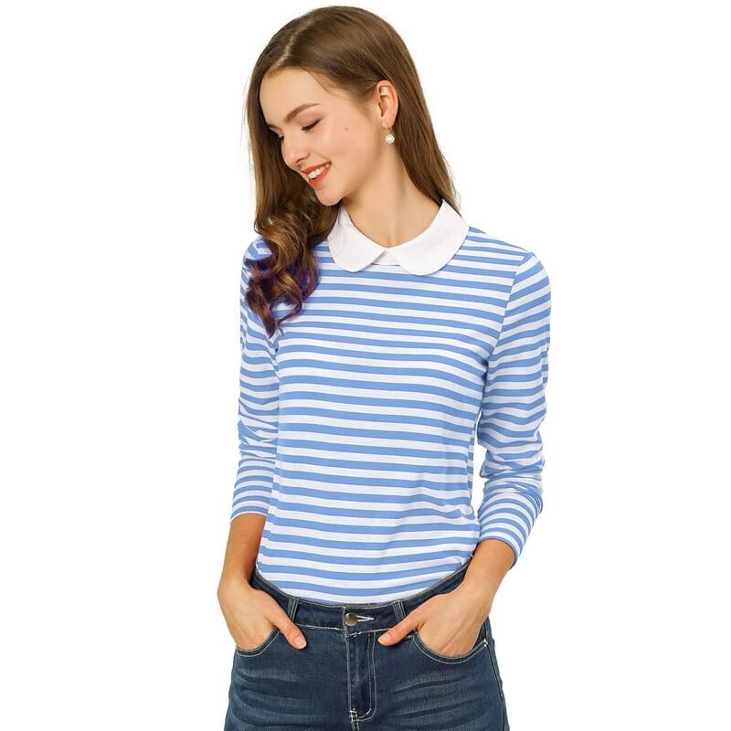 アレグラ ケー レディース トップス シャツ コントラスト ブラウス ALLEGRA K Womens Peter Pan Collar Long Sleeves Contrastriped Blou