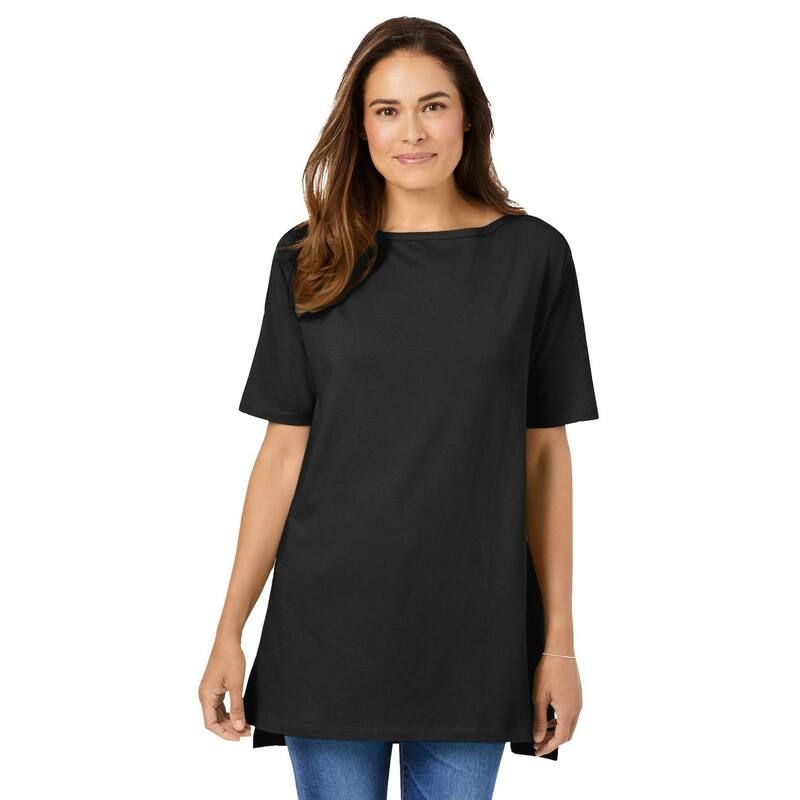 ウーマン ウィズイン レディース トップス Tシャツ プラスサイズ 半袖 Woman Within Plusize Perfect ShortSleeve Boatneck Tunic Black ブ