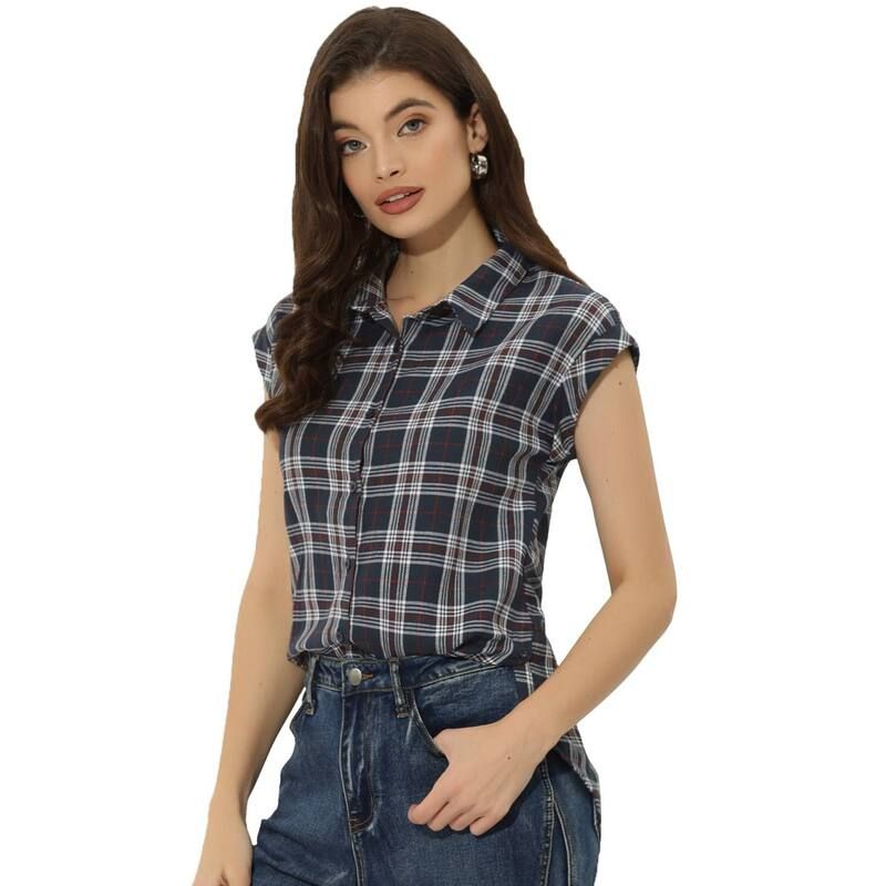 アレグラ ケー レディース トップス シャツ ボタンダウン キャップ ALLEGRA K Womens Point Collar Short Cap Sleeves Plaids Button Dow