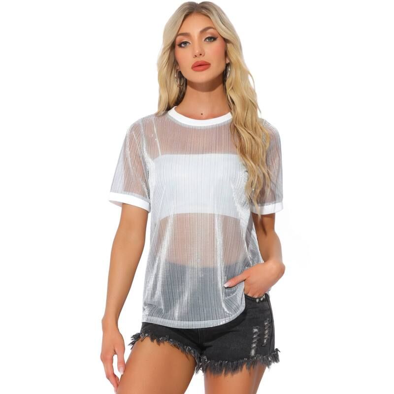 アレグラ ケー レディース トップス シャツ メッシュ シアー コントラスト ALLEGRA K Womensheer Mesh Top Contrast Round Neck Short Sleev