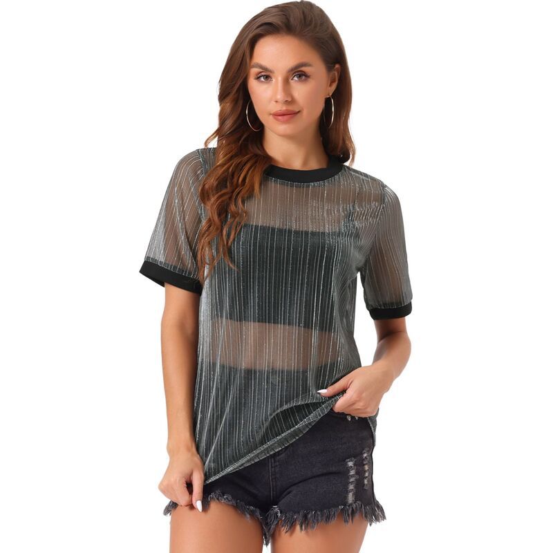 アレグラ ケー レディース トップス シャツ メッシュ シアー コントラスト ALLEGRA K Womensheer Mesh Top Contrast Round Neck Short Sleev